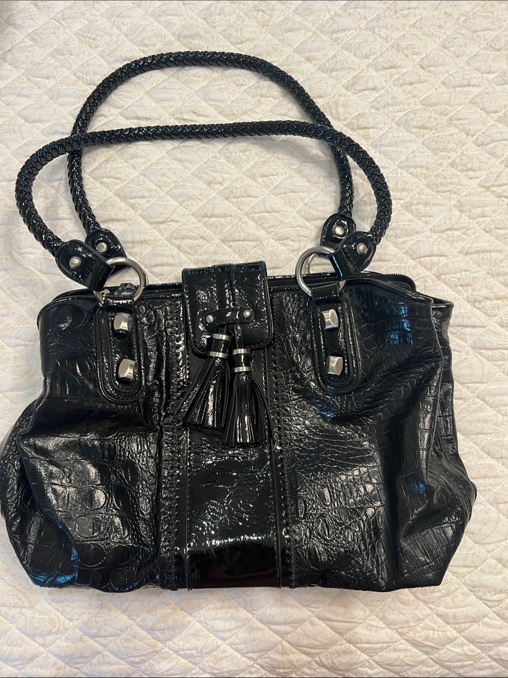 MC Black Croc-Embossed Patent Tote with Tassel Detail